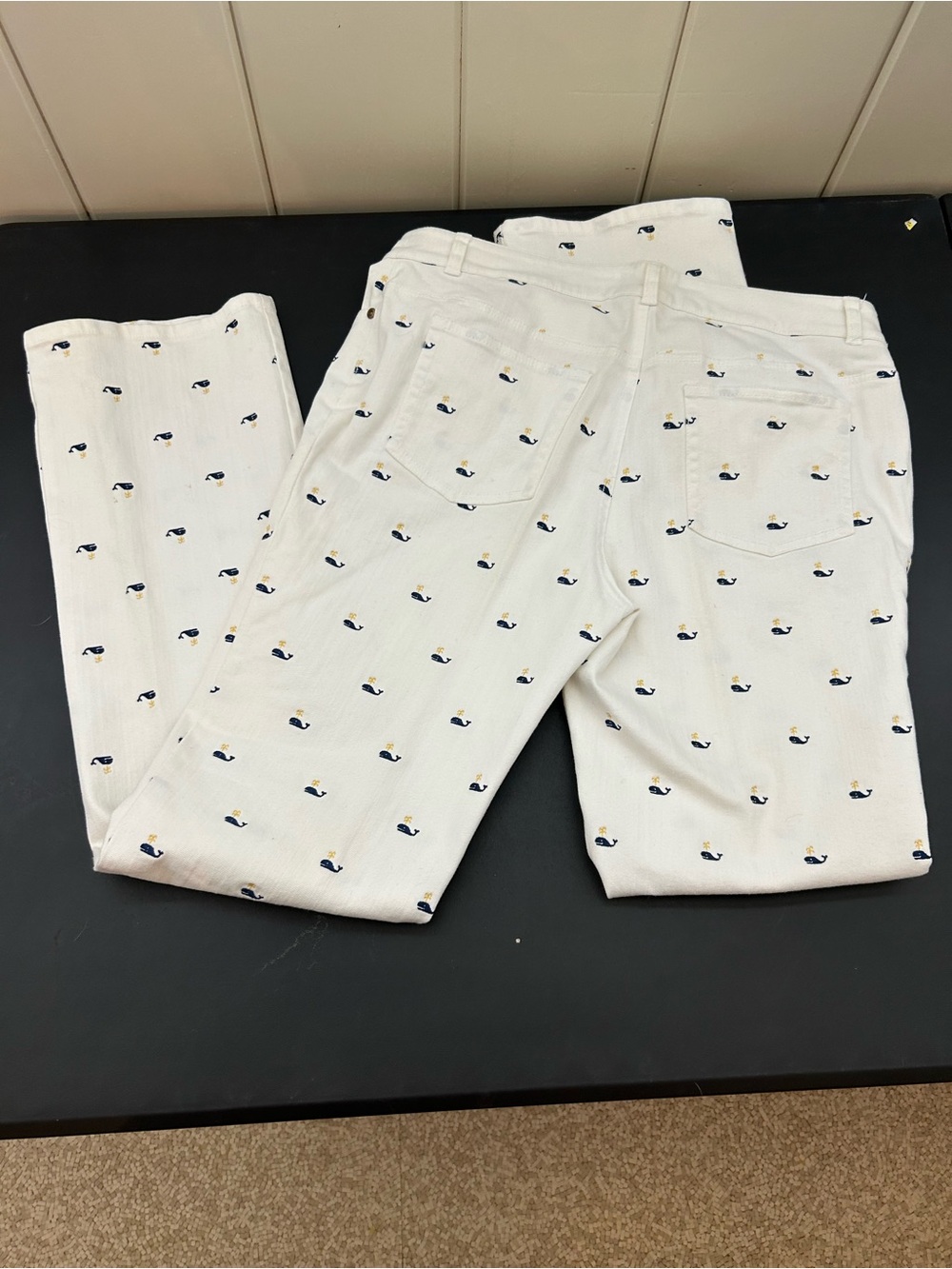 Lilly Pulitzer straight-leg pants featuring embroidered navy whales size 12